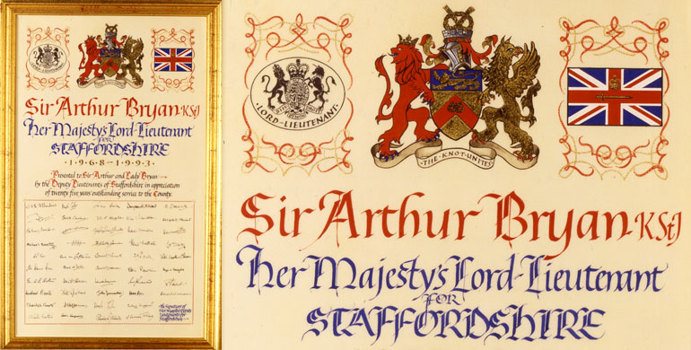 Retirement Scroll for Sir Arthur Bryan, Lord Lieutenant for Staffordshire. 1993