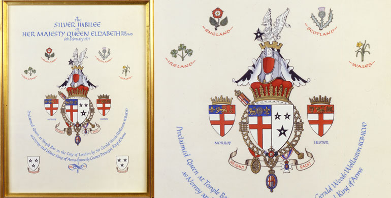 The Arms of Sir Gerald Woods Wollaston as Garter King of Arms celebrating the Silver Jubilee of Elizabeth II. On vellum with gold and watercolour
