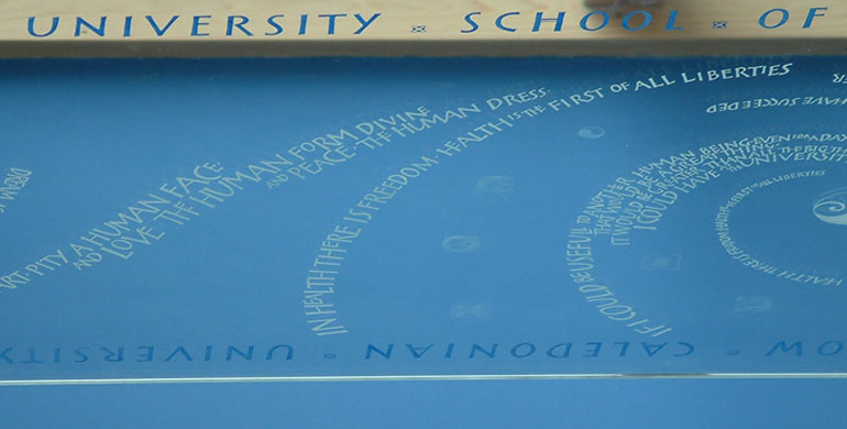 Hanging glass plaque. glasgow caledonian university. Approx. 180cmx75cm (6'x2.5')