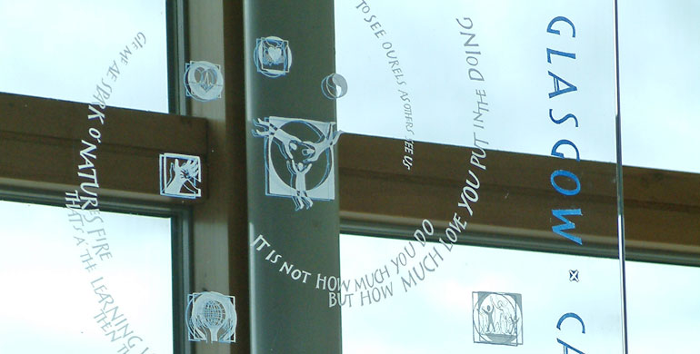 Hanging glass plaque. glasgow caledonian university. Approx. 180cmx75cm (6'x2.5')
